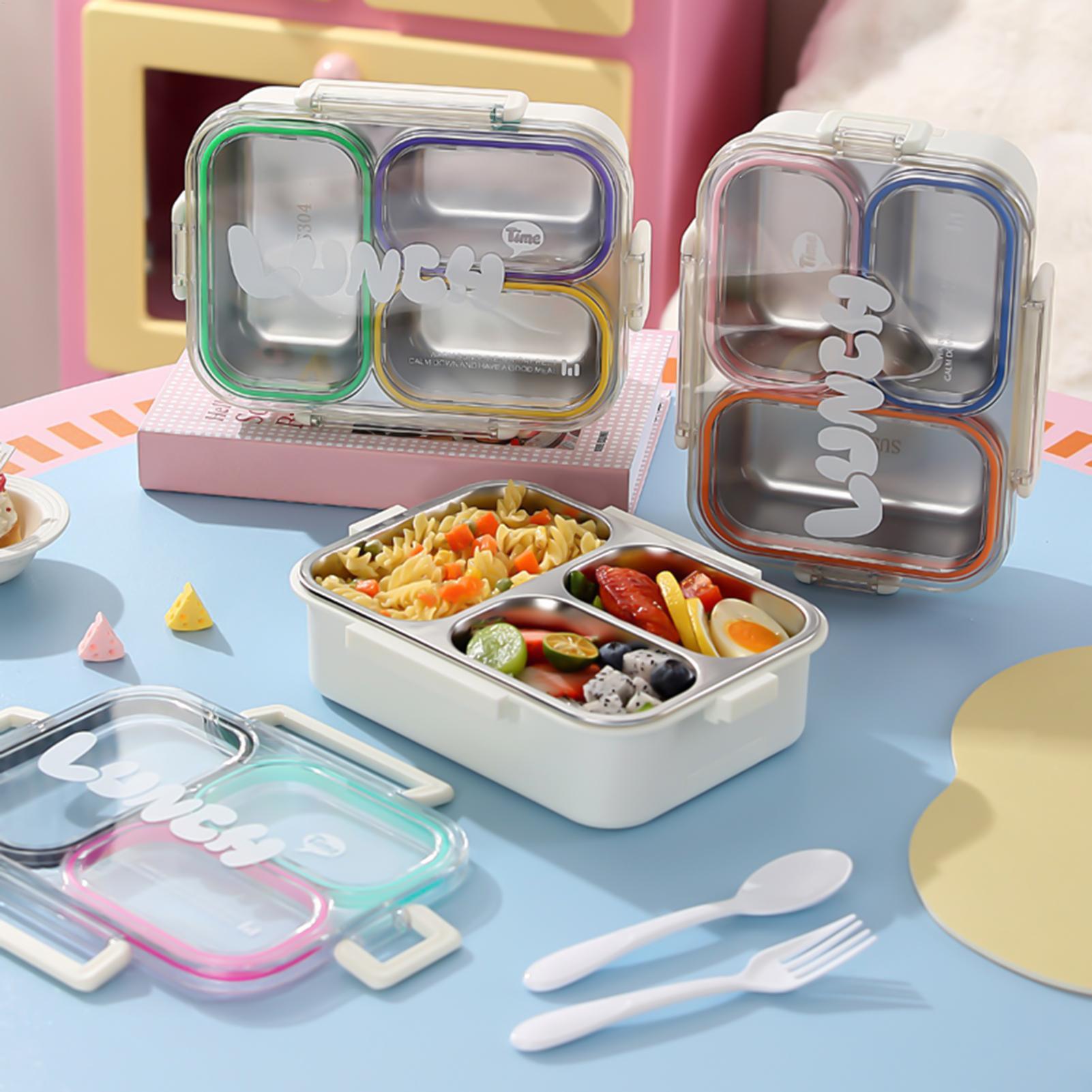 Food Storage With Dividers - กล่องอาหารกลางวันสแตนเลสแบบแบ่งช่อง ป้องกันการรั่วซึม กล่องขนมสำหรับเด็กนักเรียน พร้อมชุดช้อนส้อม กล่องอาหารกลางวันแบบพกพาสำหรับสำนักงาน สำหรับเก็บอาหาร